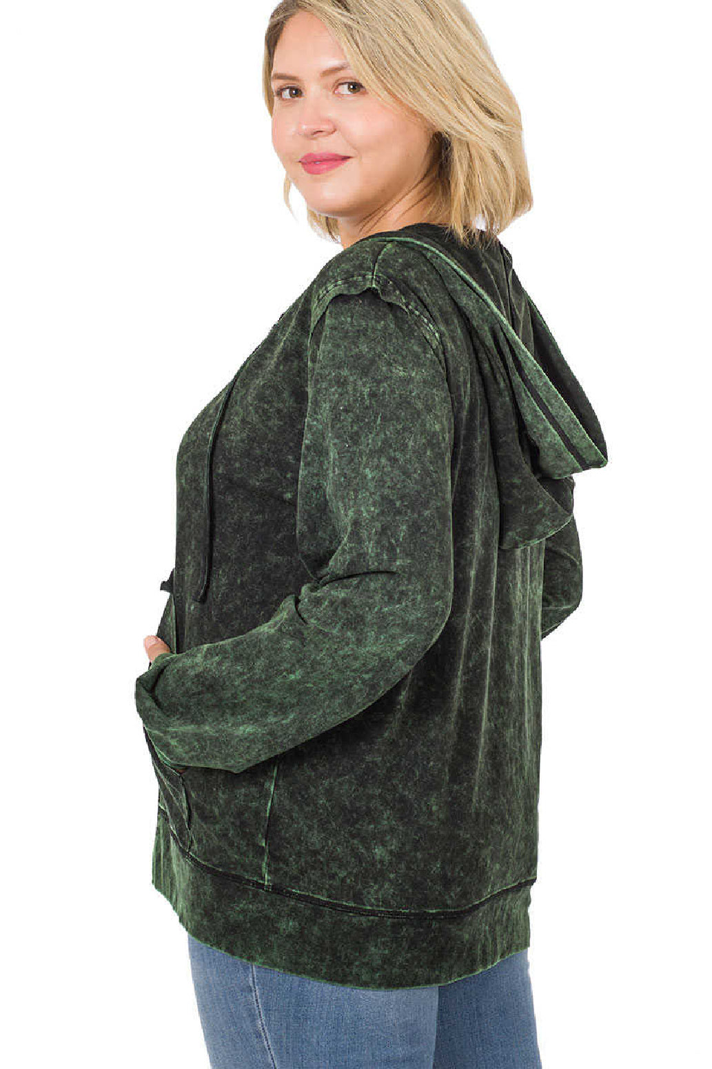 Mineral Wash Army Green Zippered Hoodie