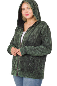 Mineral Wash Army Green Zippered Hoodie