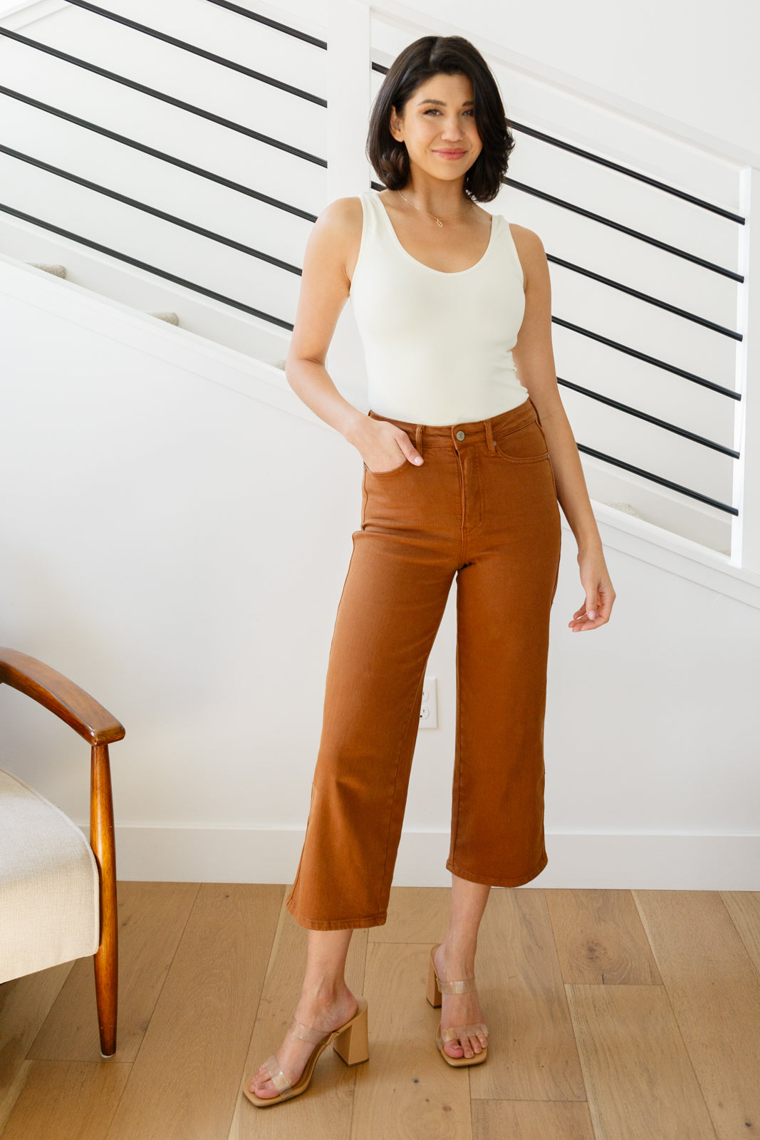 Judy Blue High Rise Control Top Wide Leg Crop Jeans in Camel