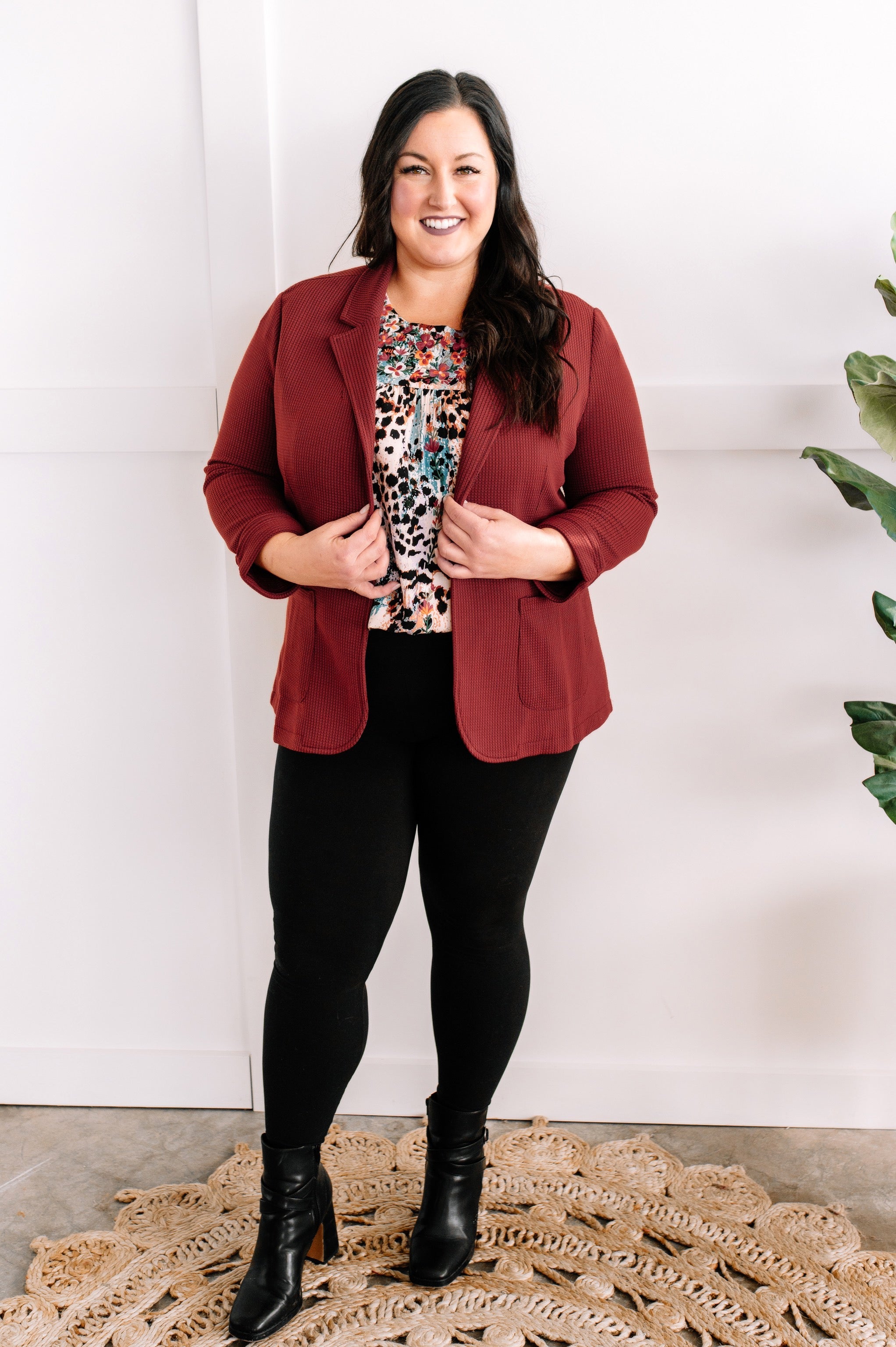 Textured Blazer With Pockets In Lingonberry