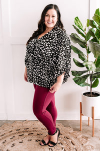 Dolman Sleeve Blouse With Bow Sleeve In Black & White Animal Print