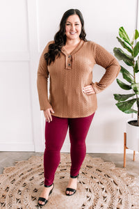 Button Front Knit Top With Elbow Patch Detail In Chestnut