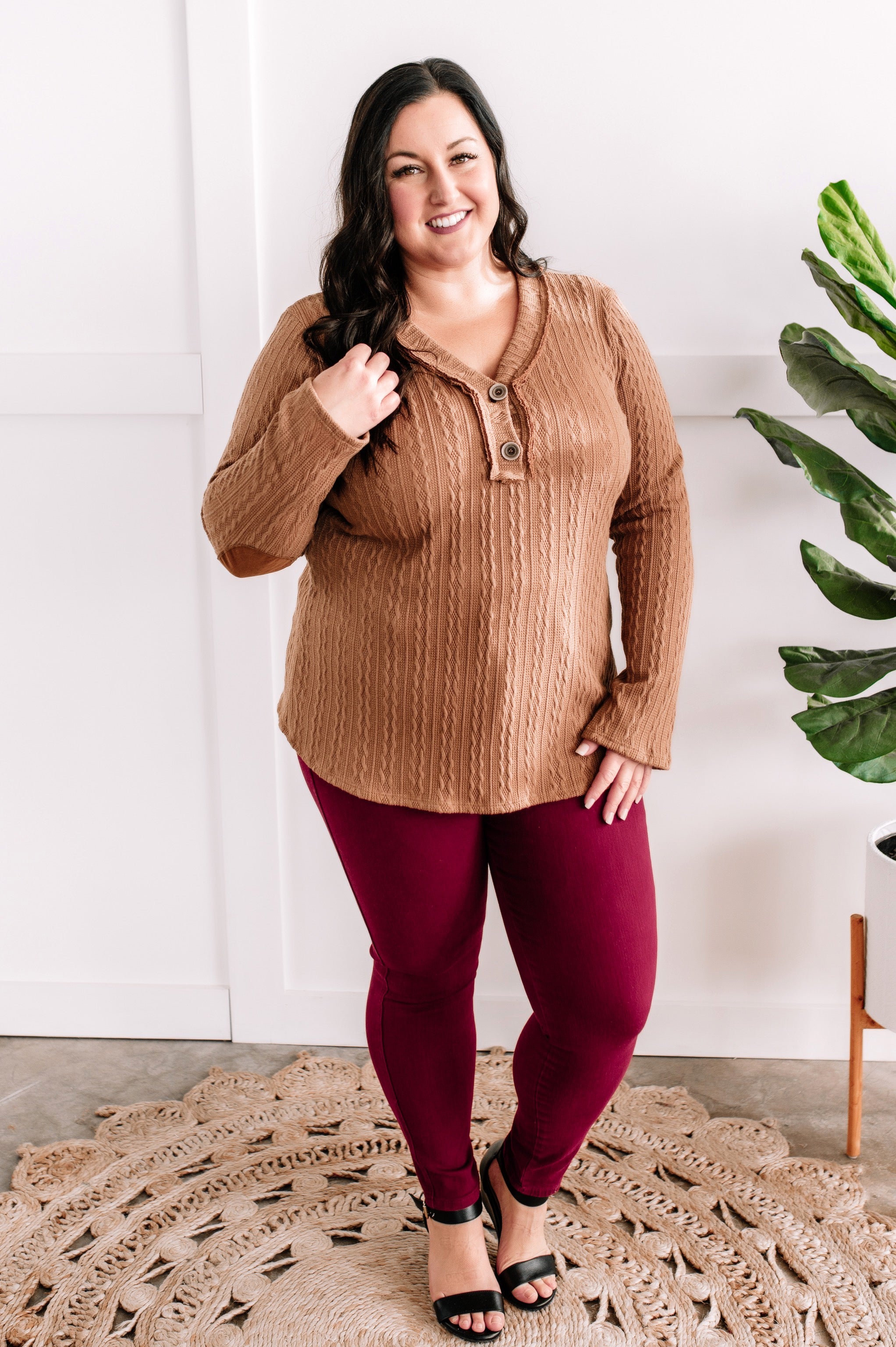 Button Front Knit Top With Elbow Patch Detail In Chestnut