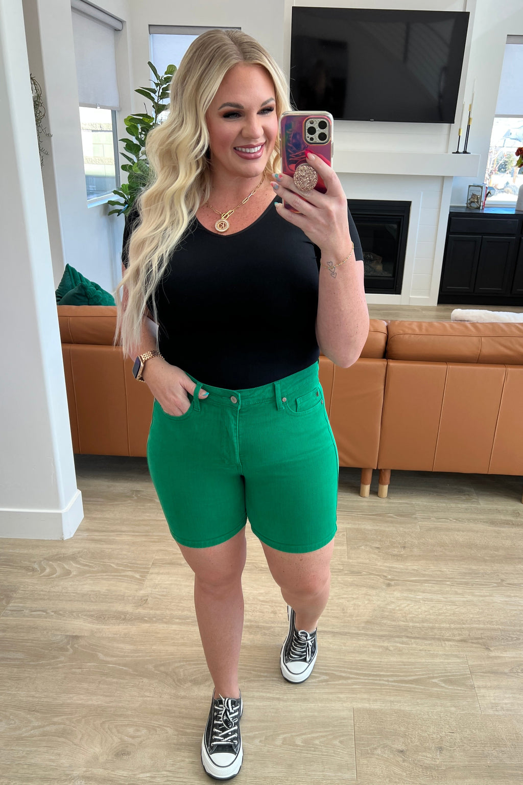 Judy Blue High Rise Control Top Cuffed Green Shorts