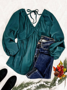 Elegant Shadow Blouse With Tie Back Detail In Midnight Emerald