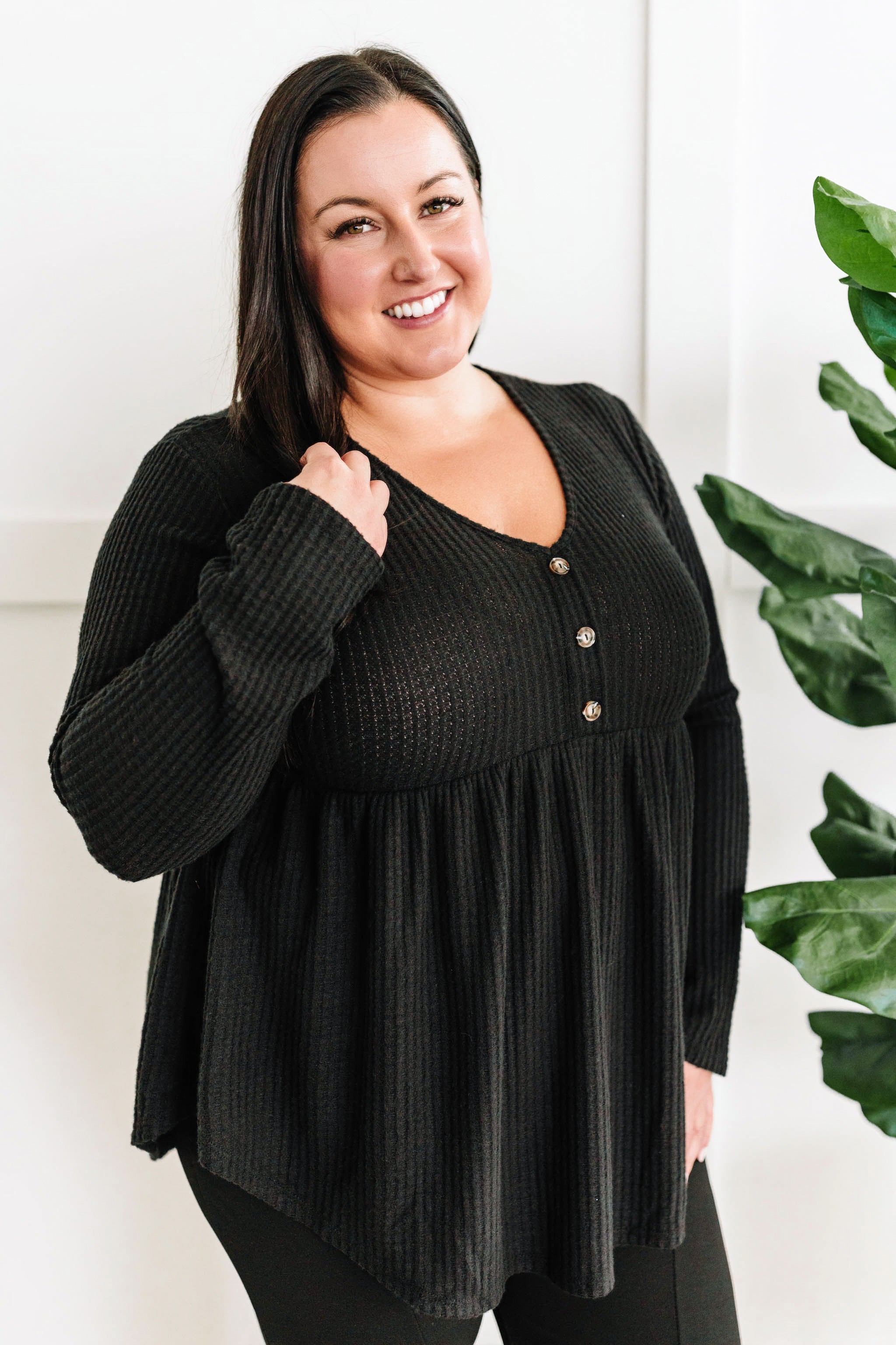 Waffle Knit Babydoll Top With Button Detail In Coal