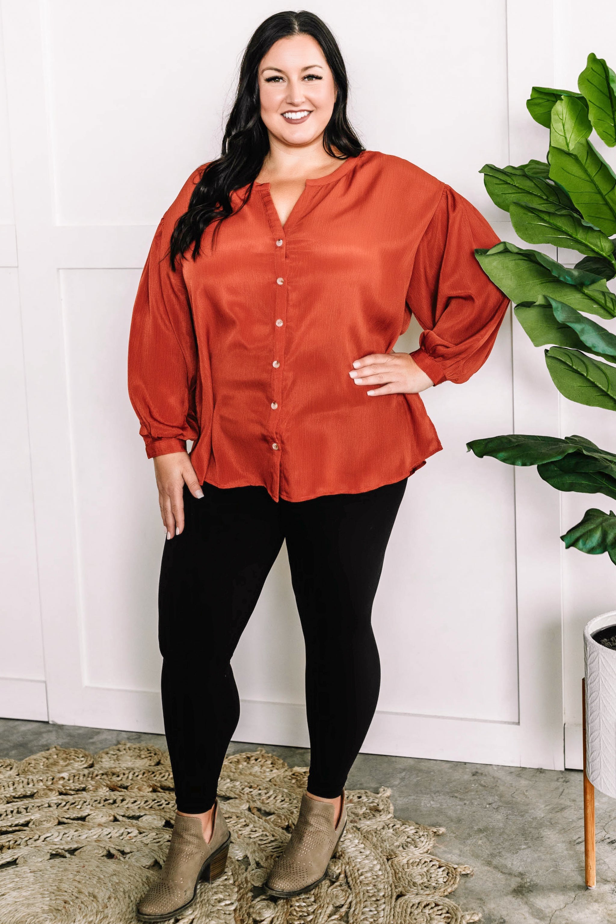 Long Sleeve Button Front Blouse In Amber