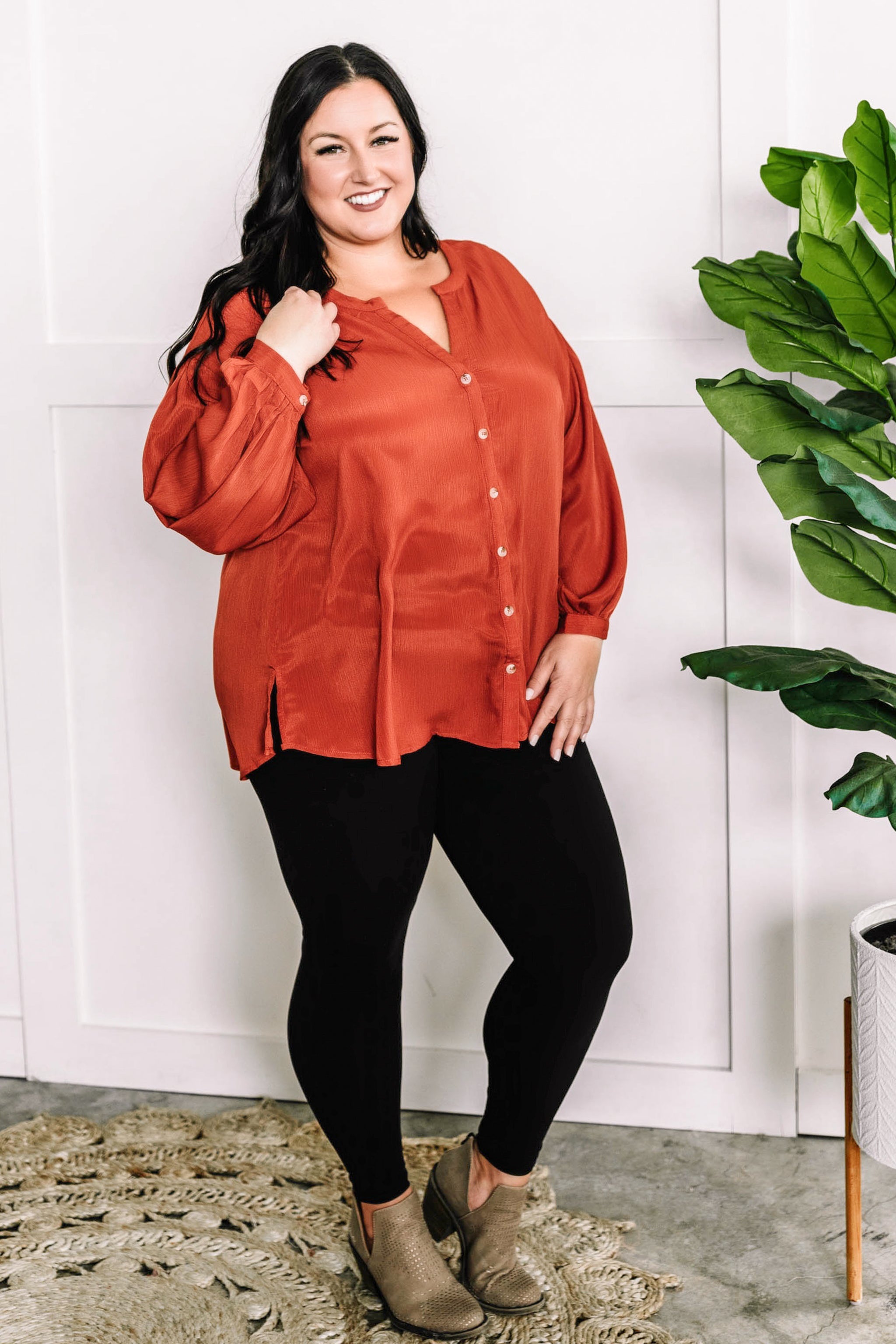 Long Sleeve Button Front Blouse In Amber