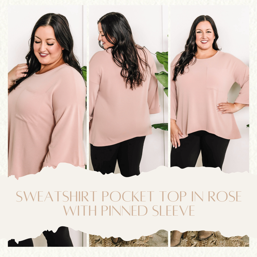 Sweatshirt Pocket Top In Rose With Pinned Sleeve