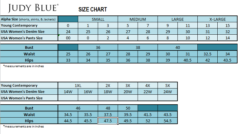 Antique Rose Boutique Judy Blue Sizing Chart